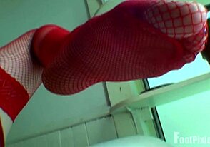 Red clothing with a pixie look, fetish content