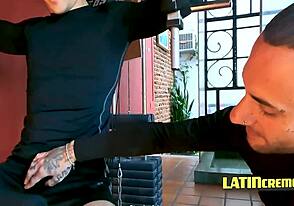 Two Latino men enjoy a hot gay scene while working out