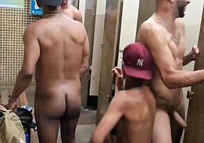 Steamy subway encounter in public restroom