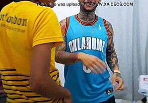 Tattooed twink gets surprised with blowjob and masturbation