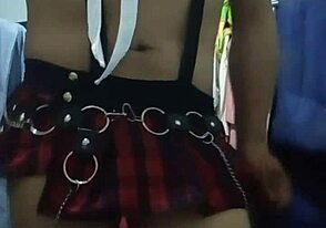 A closet travesti schoolgirl gets fucked by an older man