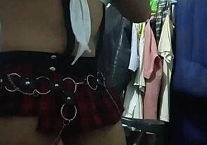 A closet travesti schoolgirl gets fucked by an older man