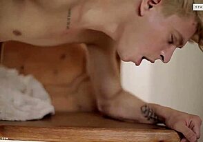 Bareback gay scene with cum shot
