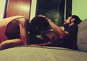 Giving special attention to tired Argentinian macho with sofa blowjob