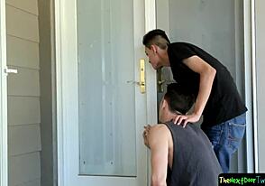 Young gay man enjoys a hot spit roast with his lovers
