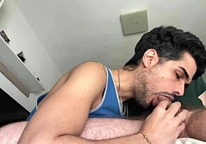 Gay guy sucks friend's cock bareback