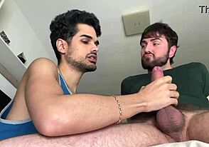 Gay guy sucks friend's cock bareback