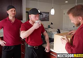 Hardcore scene with a MILF and two delivery boys with bareback action