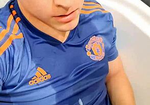 Straight European man masturbates and urinates