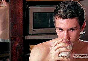 Delicious twinks have breakfast in their underwear, captured in a steamy image