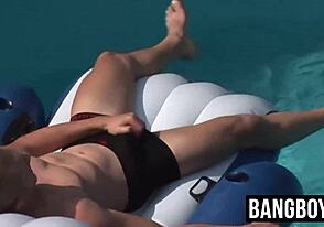 Four muscular jocks in a steamy outdoor bareback orgy by the pool