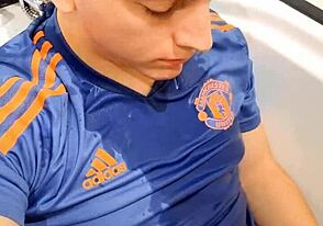 Straight European man masturbates and urinates
