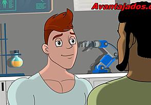 The cartoon guy fucked his dick and his friend's cock too
