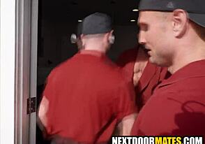 Hardcore scene with a MILF and two delivery boys with bareback action