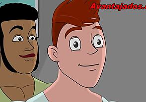 The cartoon guy fucked his dick and his friend's cock too