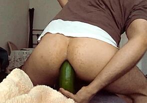 Girl has sex with a huge cucumber instead of her boyfriend