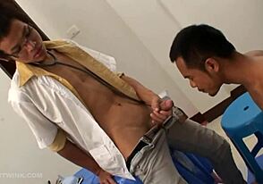 Gay Asian twinks in bareback sex scene with medical fetish notes